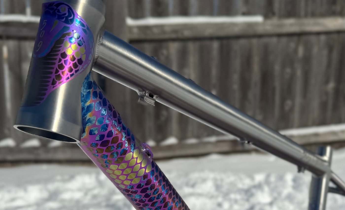 Cobra head tube and snake-scale masking anodized down the down tube