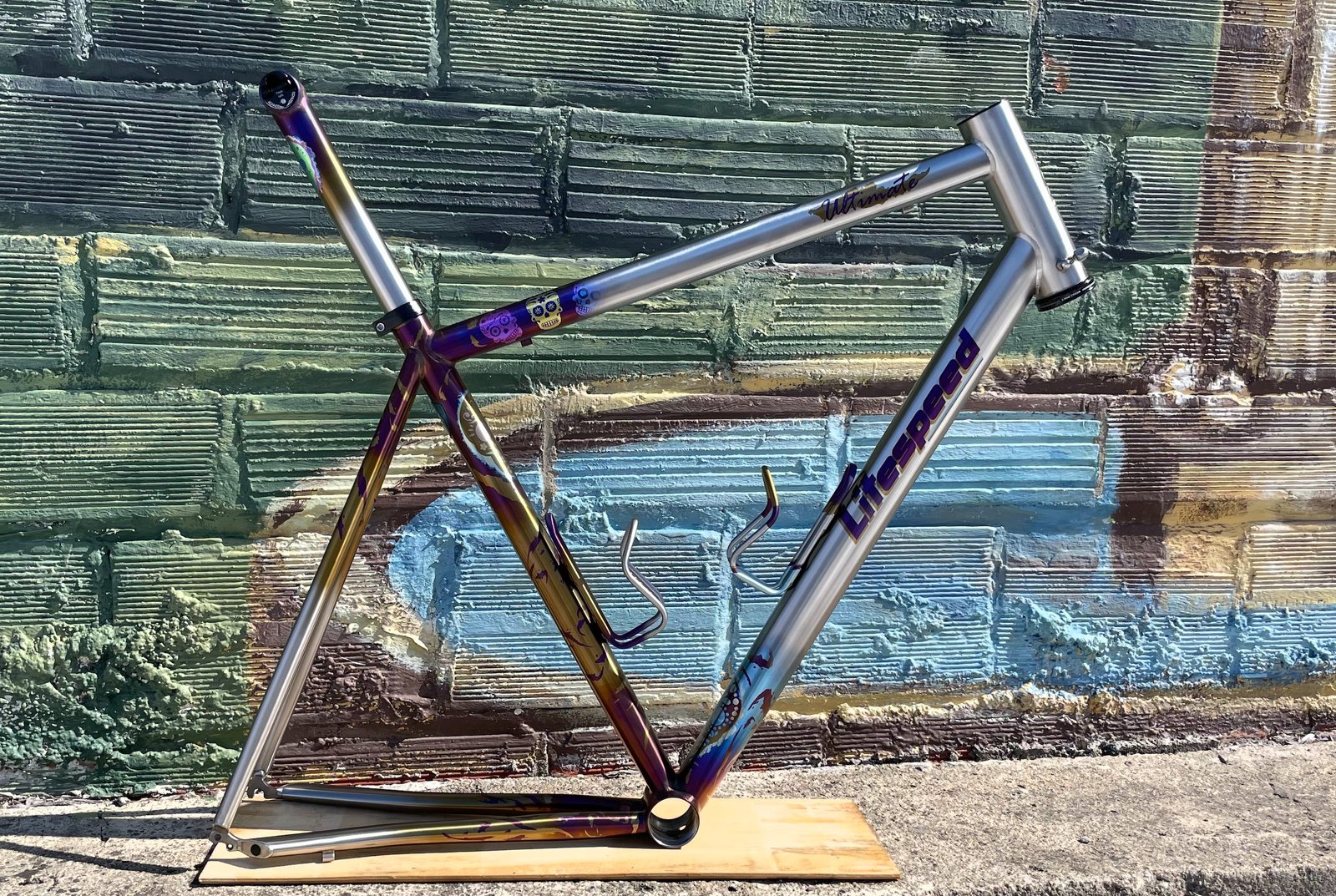 Litespeed Ultimate titanium frame with sugar-skull anodizing against a painted brick wall